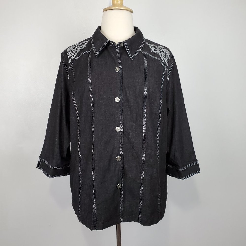 Susan Graver Black Silver Chambray Button Up Western Top NEW NWT Size 2X